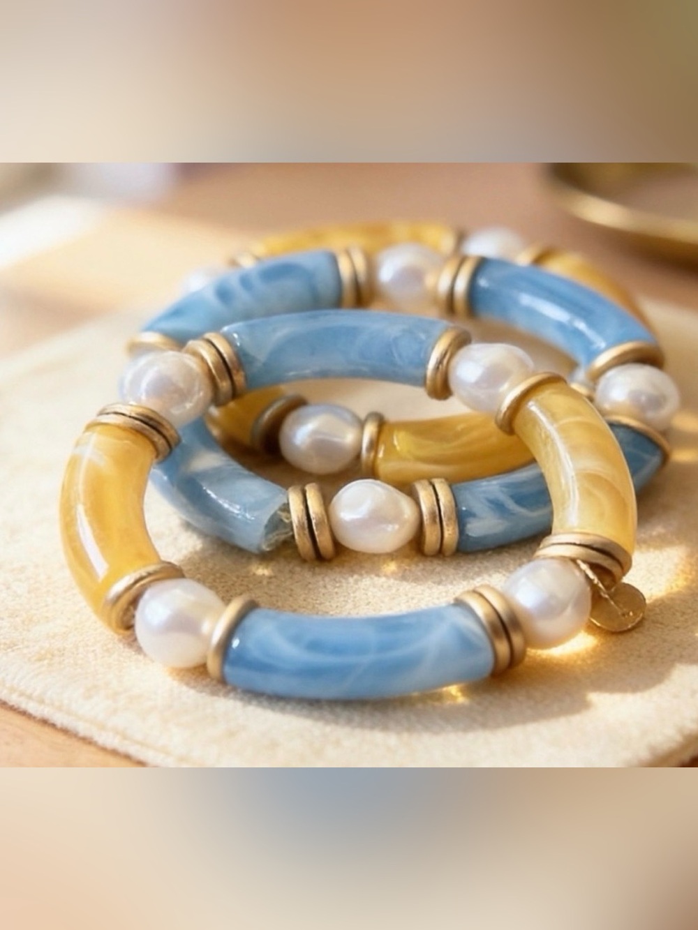 Beaded Stretch Colorblock Bracelet Set, Faux Pearls/Goldtone Accents. Set of 3 - Picture 4 of 10